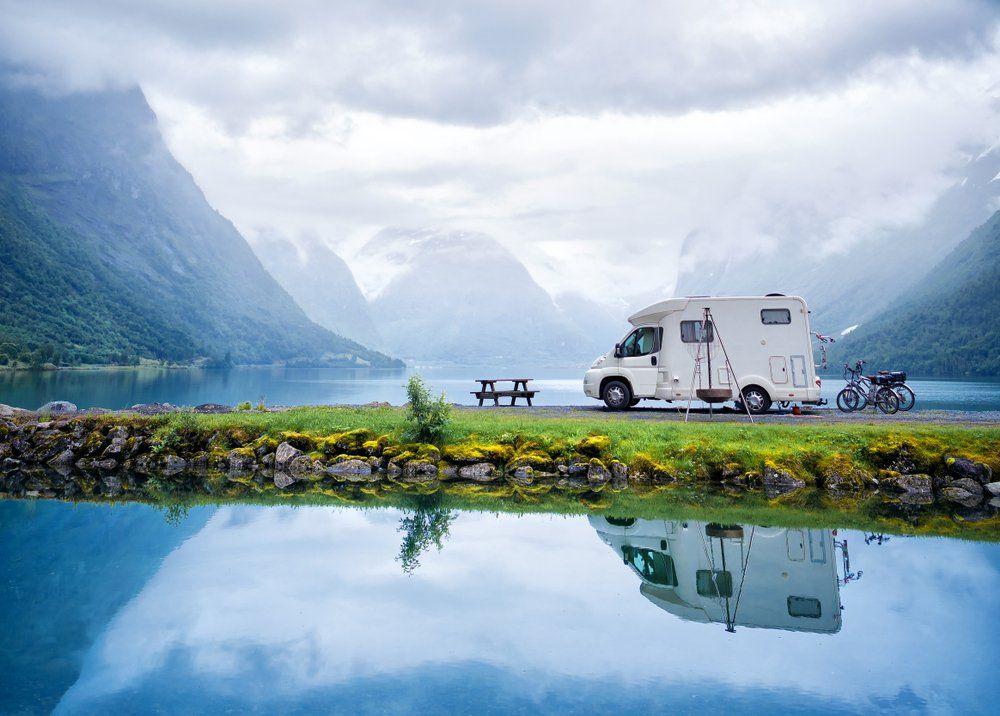 RV parked lakeside on vacation