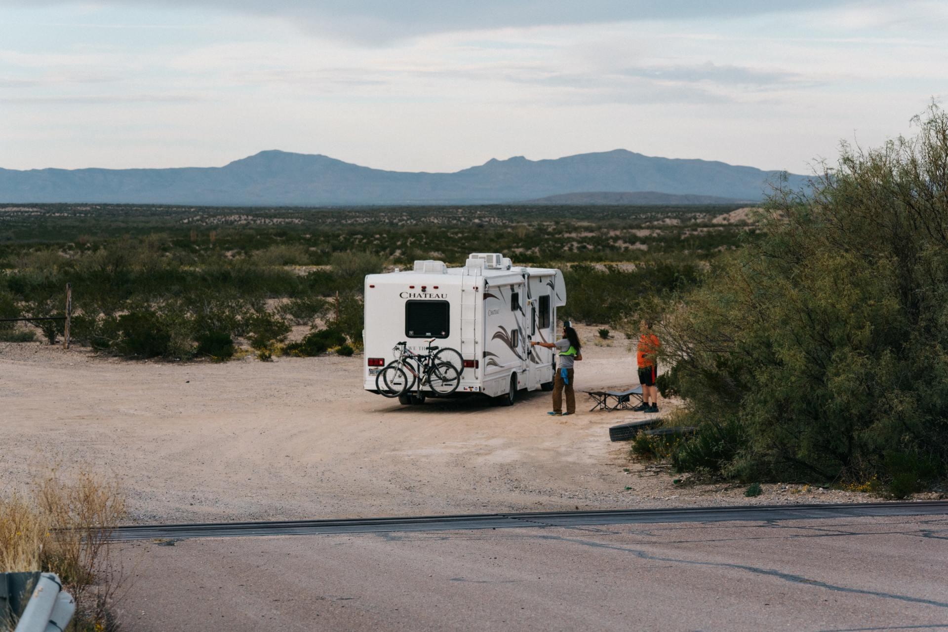 RV campers parked along the roadside
