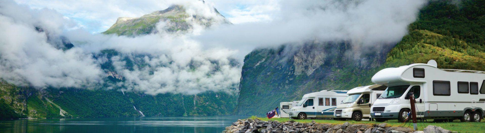 RVs parked at a lakeside RV park